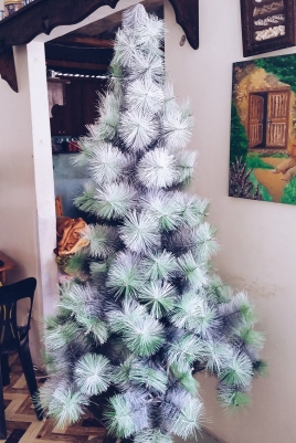 This was out tree last year. I was all green so I decided to spray paint it with white to make it look flocked. My mom was hesitant at first but she had no choice in the end but to go with it. :-)